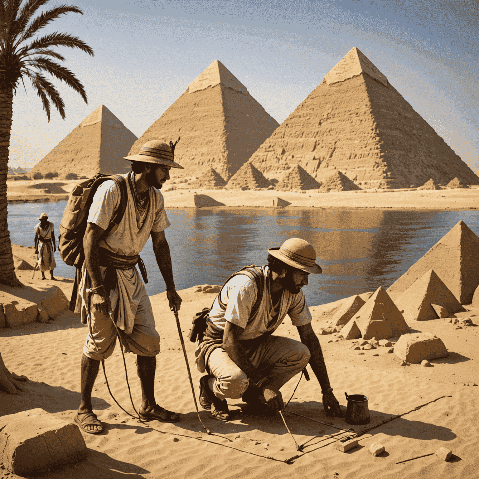 Ancient Egyptian surveyors using ropes and tools to measure land along the Nile River, with pyramids in the background
