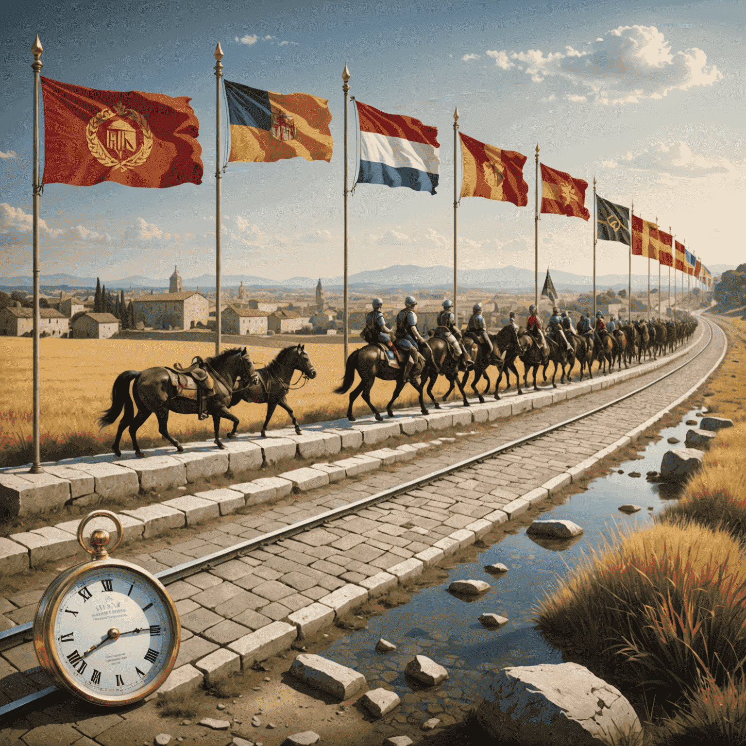 A timeline illustration showing the evolution of the mile measurement from ancient Roman times to modern day, with key milestones and different country flags representing its usage