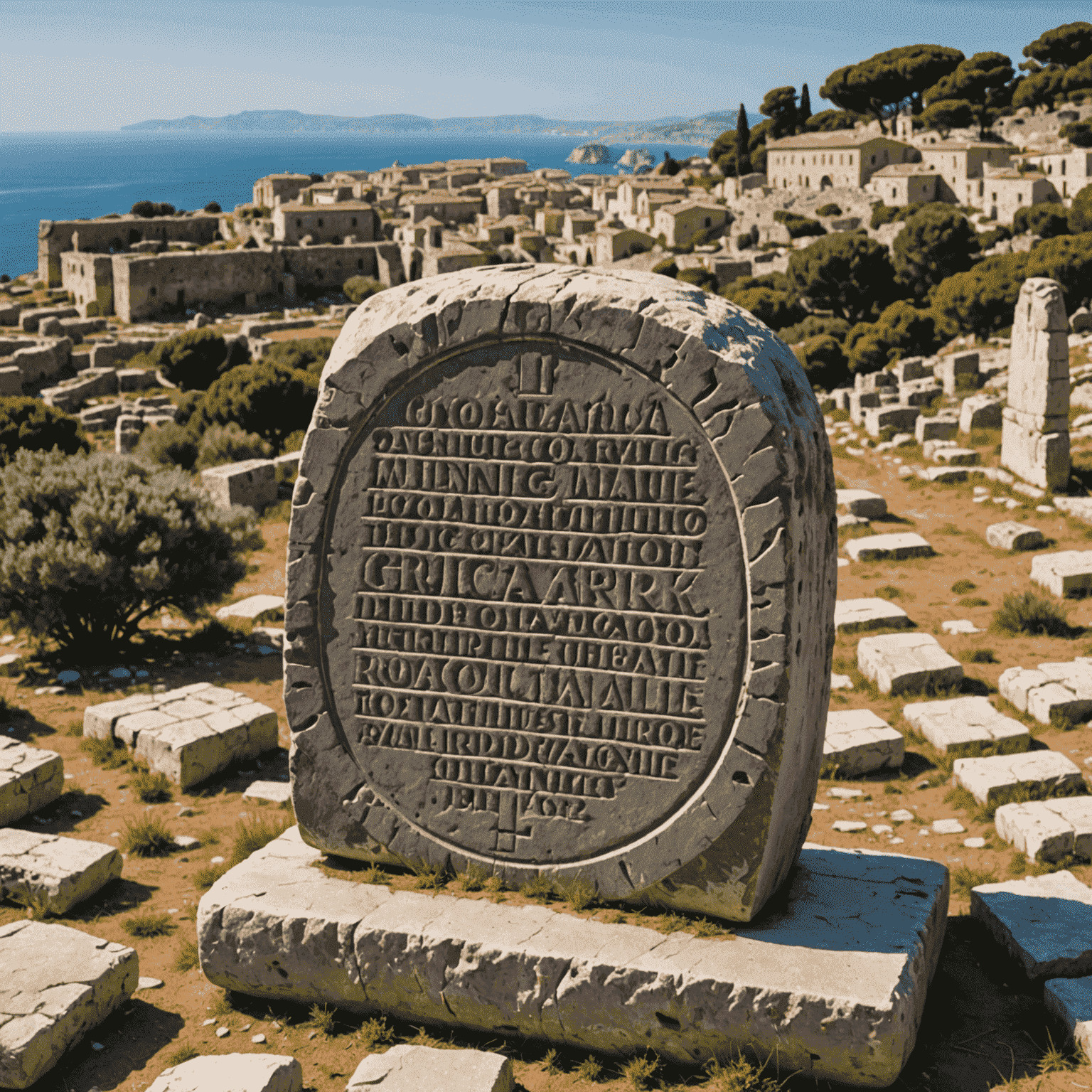 An ancient Roman mile marker stone with Latin inscriptions, set against a backdrop of ruins and Mediterranean landscape