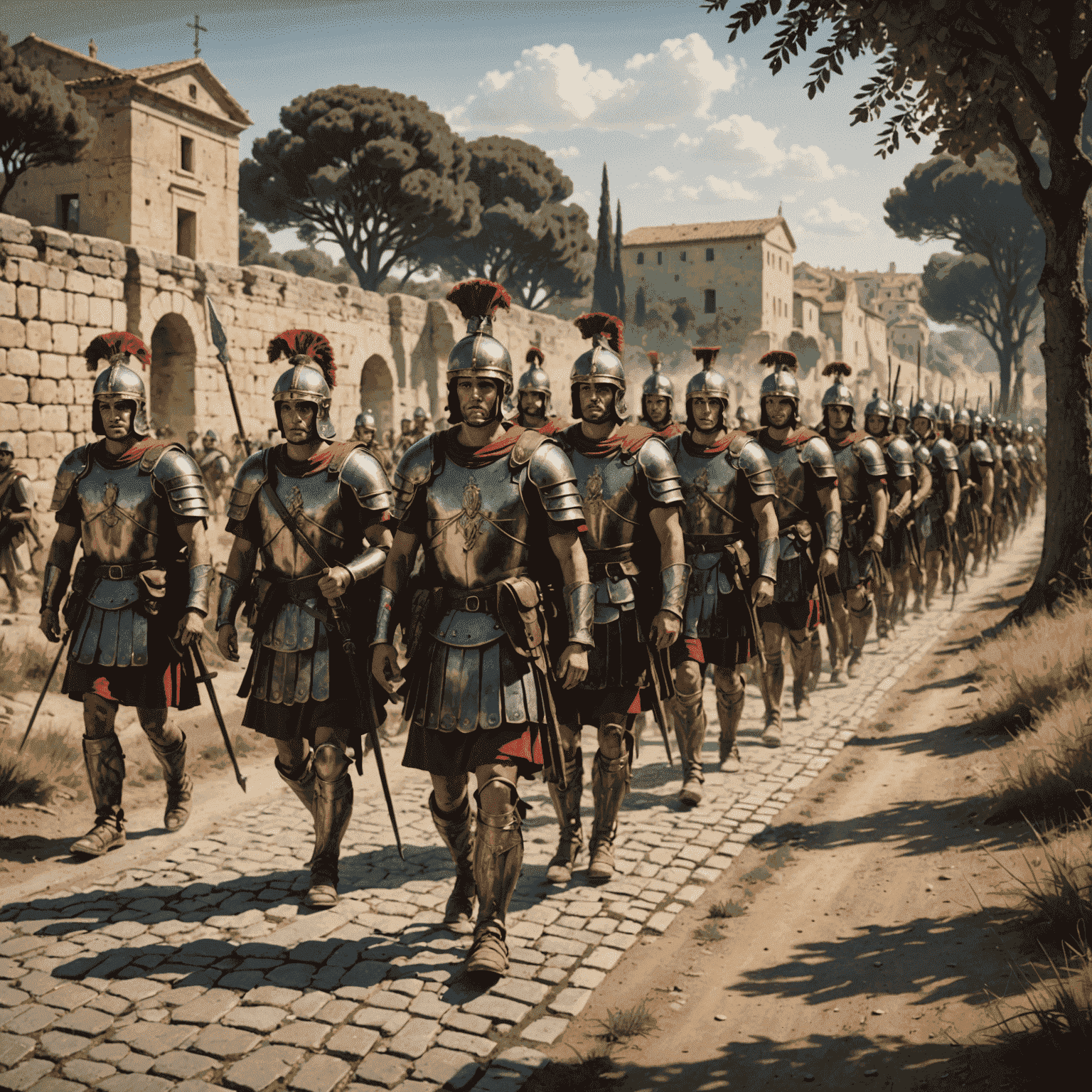Illustration of ancient Roman soldiers marching, with distance markers visible along a road. The image showcases the concept of measuring distance by paces, with soldiers in full armor taking measured steps.
