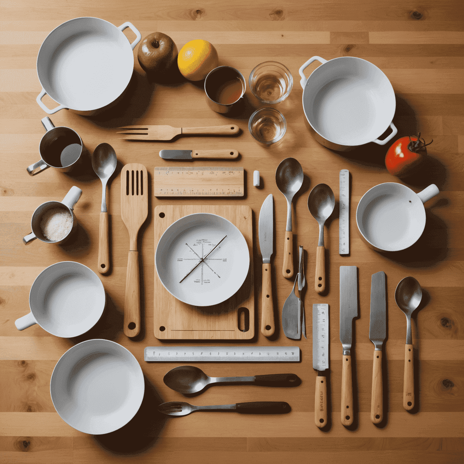 A kitchen scene with various cooking utensils and a ruler showing centimeter measurements