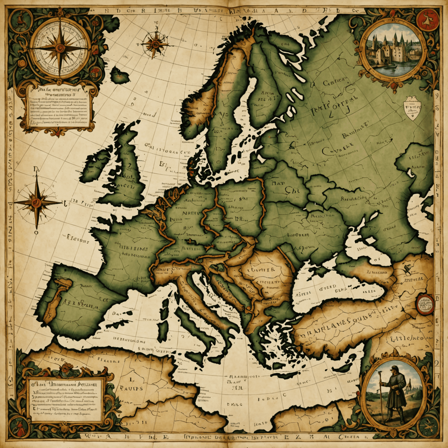 A map of medieval Europe showing different mile lengths used in various kingdoms, with illustrations of rulers and measurement tools of the era