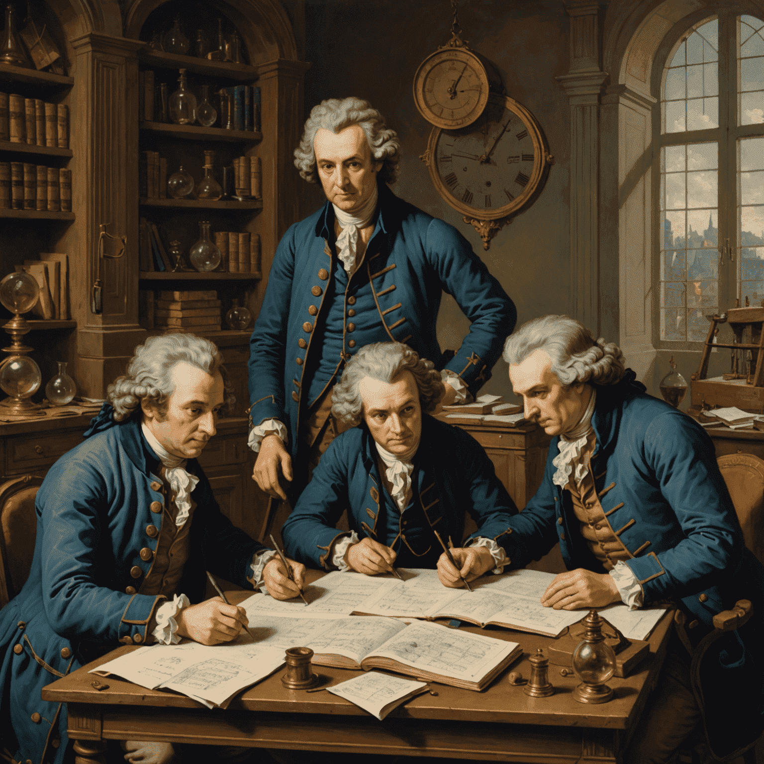 A stylized representation of 18th-century French scientists working on calculations and measurements, with early prototypes of metric rulers and scales visible.