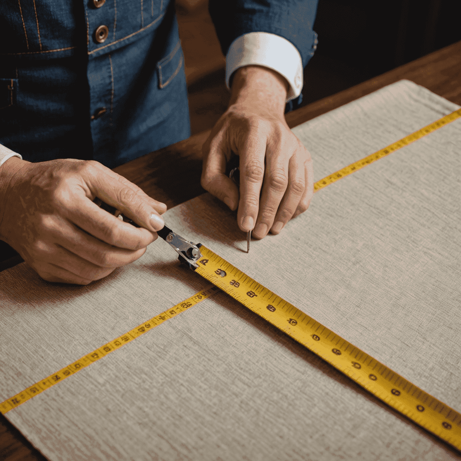 A tailor measuring fabric with a centimeter tape measure