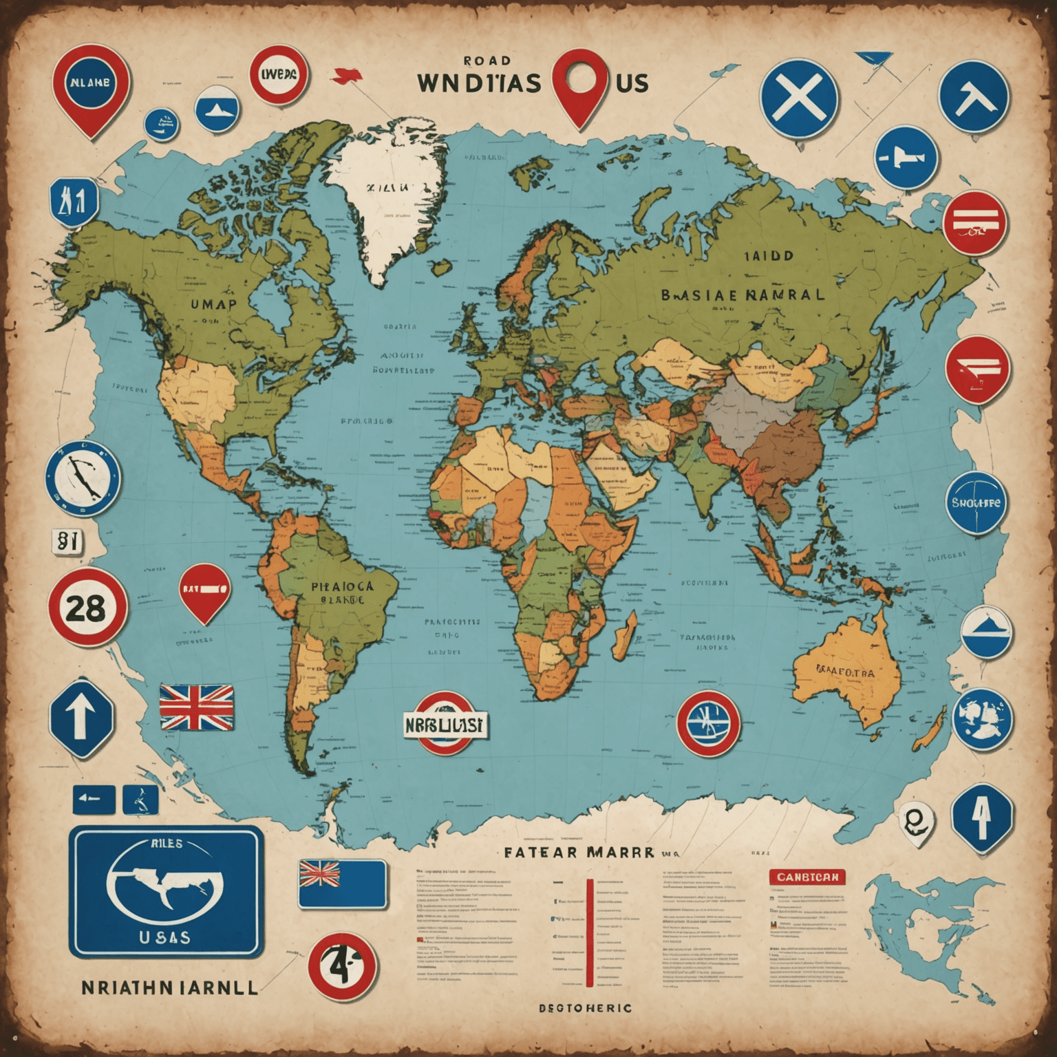 A world map highlighting countries that still use miles for road distances, with iconic road signs from the US and UK prominently featured