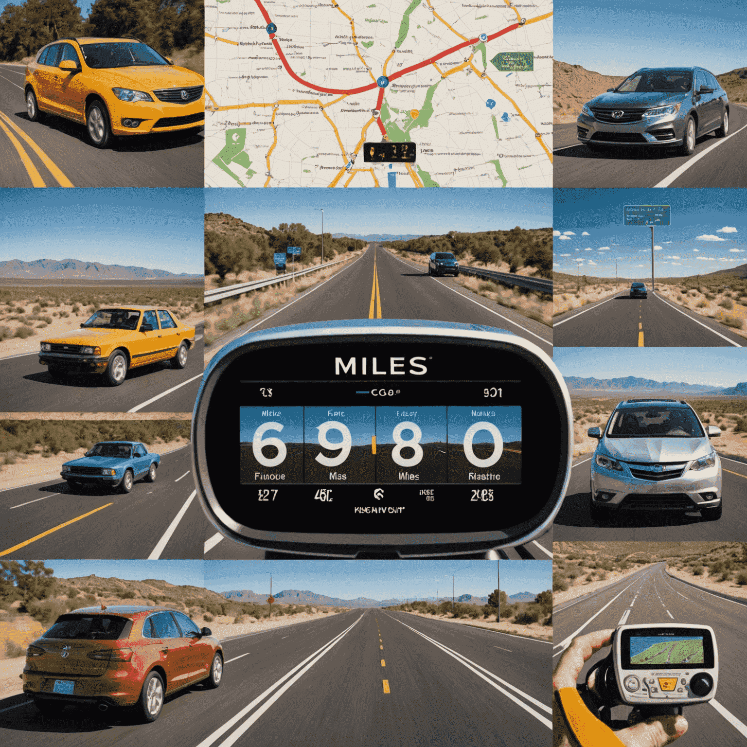 A collage showcasing various uses of 'miles' in modern context - a frequent flyer card, a car odometer, a marathon finish line, and a GPS navigation screen, illustrating the diverse applications of the mile concept.