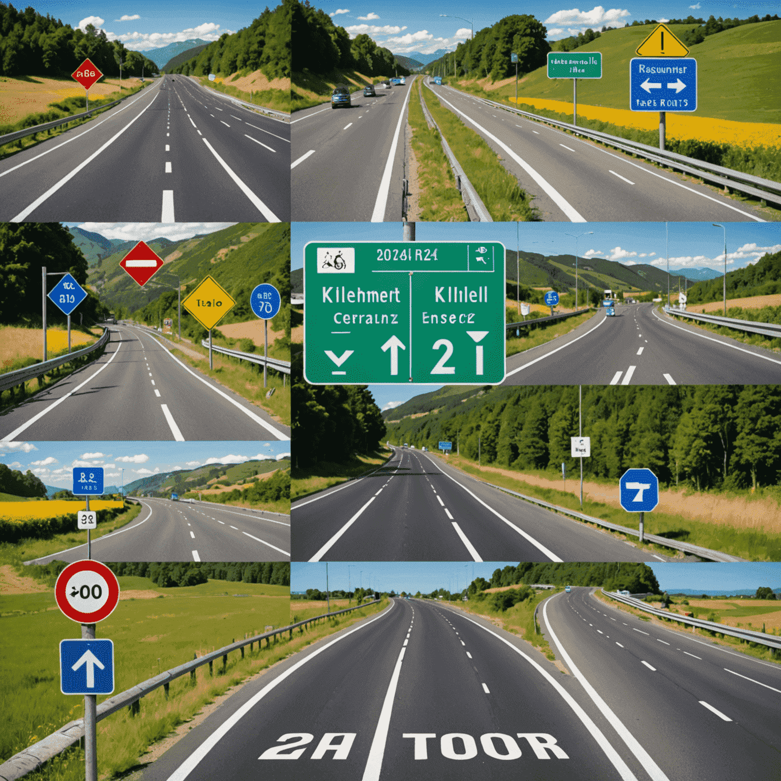 A collage of images showing kilometer markers on highways, distance signs in various languages, and scientific instruments using kilometer measurements