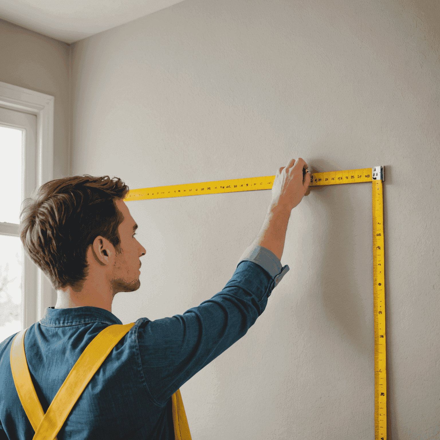 A person measuring a wall with a tape measure showing centimeter markings