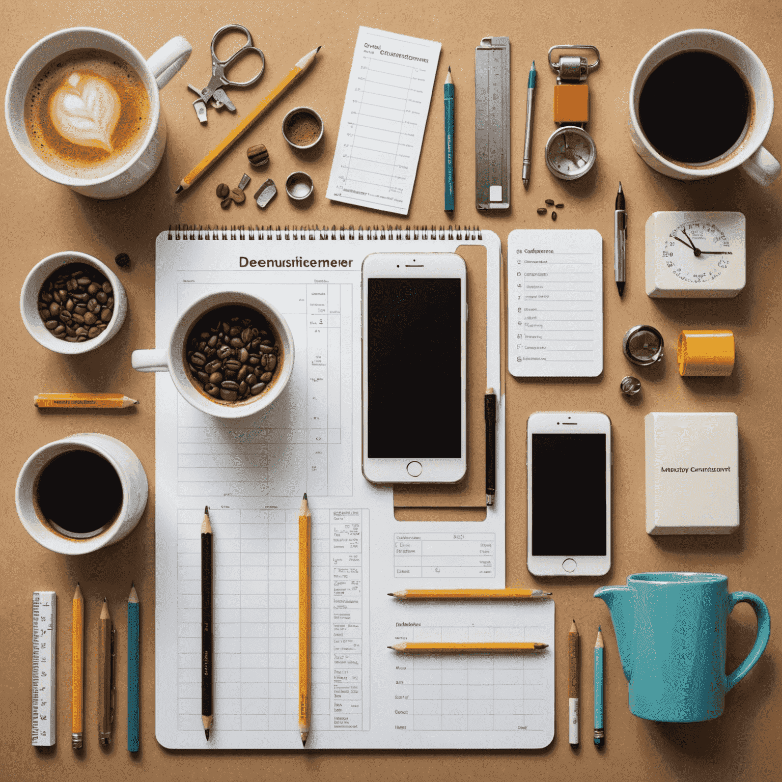A collage of everyday objects labeled with their measurements in centimeters, including a pencil, smartphone, and coffee mug