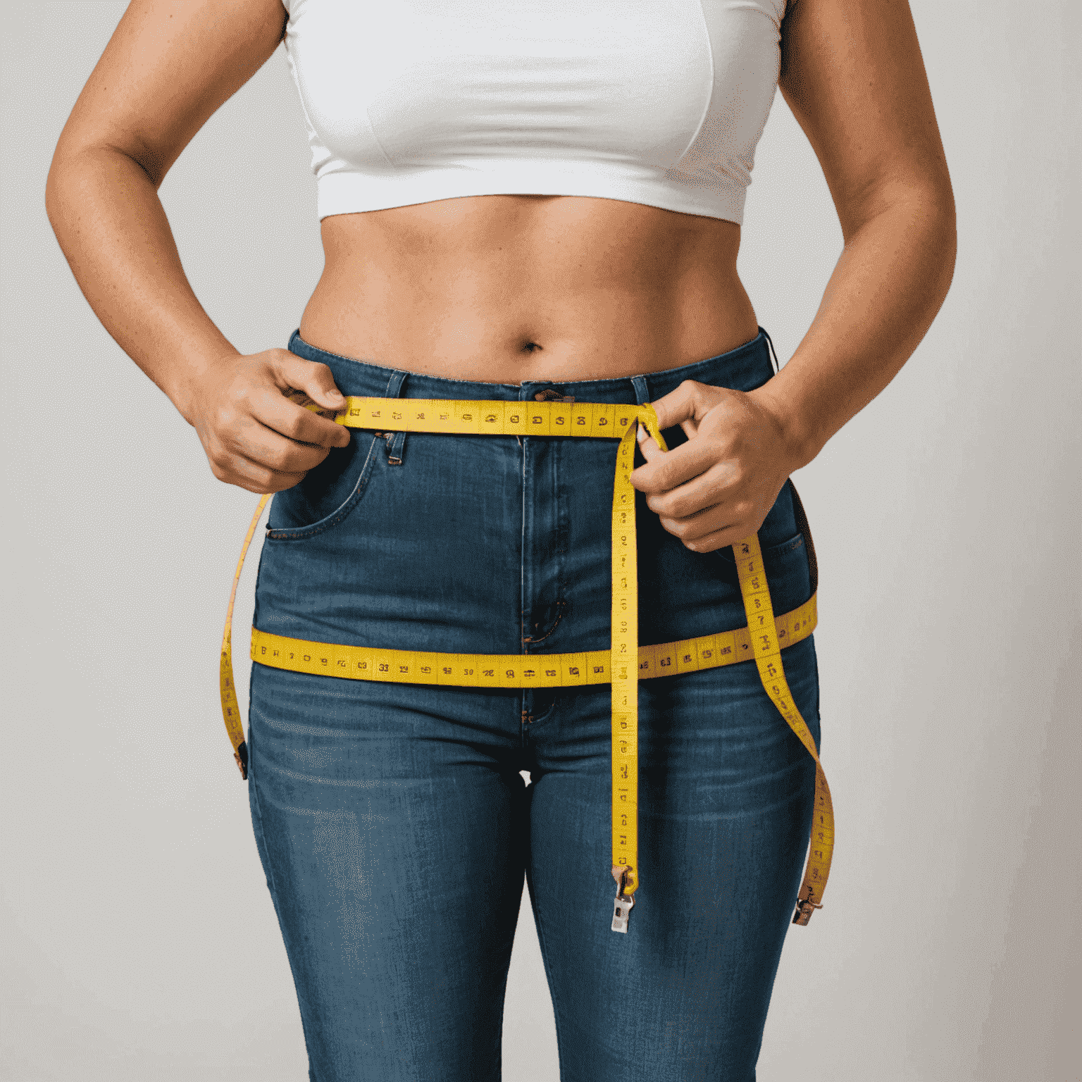 A person measuring their waist with a centimeter tape measure